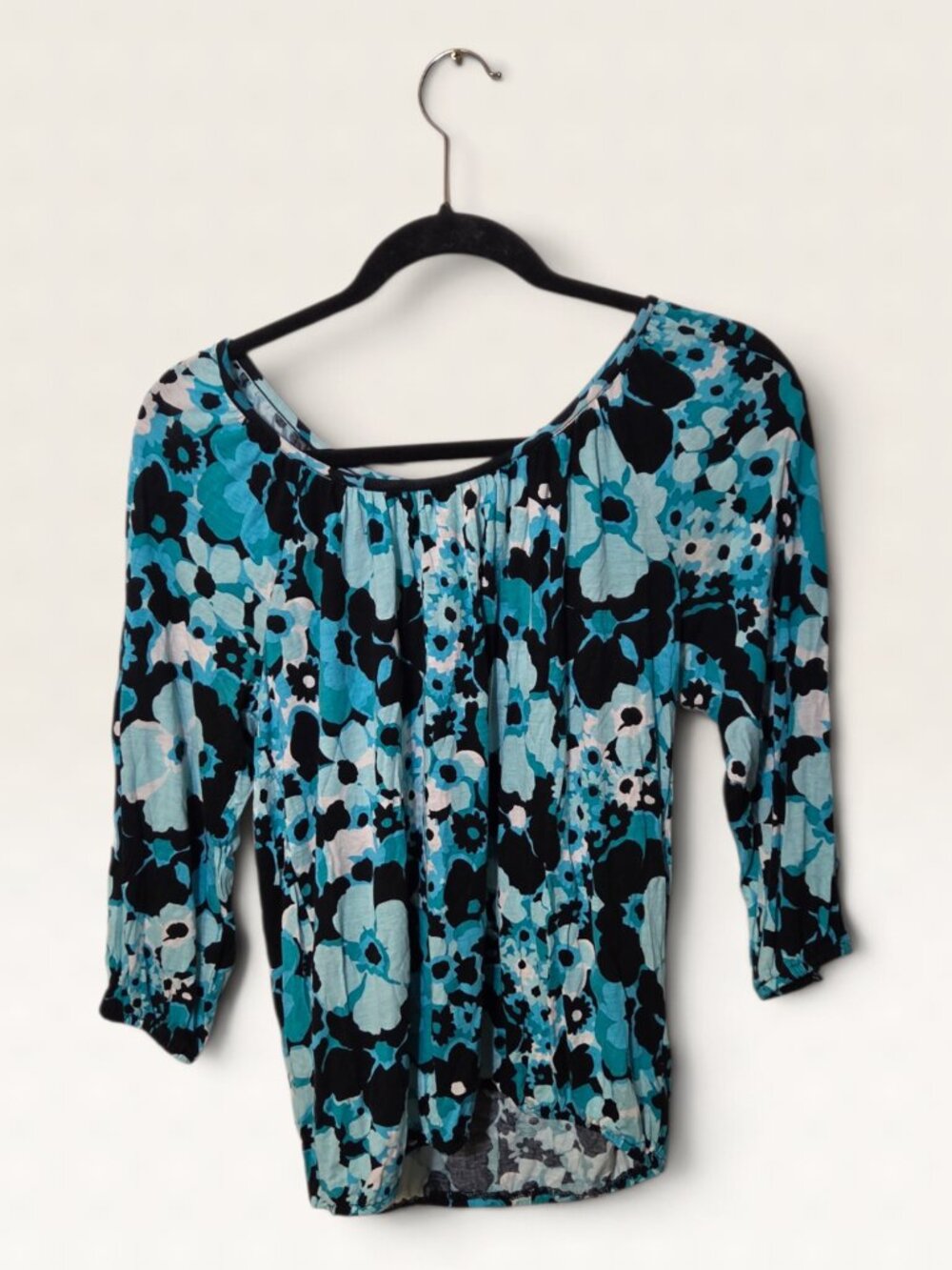 Michael Kors Blue Floral 3/4 Sleeve Blouson Elastic Hem Top Small
